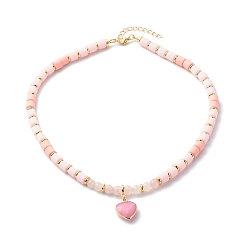 Pink Polymer Clay Beaded Necklaces, with Electroplate Gemstone Heart Pendants and Brass Beads, Pink, 17.01 inch(43.2cm)