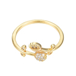 Настоящее золото 18K Открытое кольцо-манжета с прозрачным кубическим цирконием и цветком тюльпана, латунные украшения для женщин, без никеля , реальный 18 k позолоченный, размер США 7 1/4 (17.5 мм)