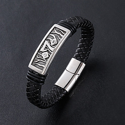 Античный Серебристый & Цвет Нержавеющей Стали Браслеты из плетеного шнура из искусственной кожи в стиле панк, 304 Браслеты с подвесками из морской травы из нержавеющей стали для мужчин, с магнитной застежкой, старинное серебро и цвет нержавеющей стали, 8.27 дюйм (21 см)