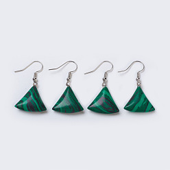 Malachite Synthetic Malachite Dangle Earrings, with Platinum Tone Brass Findings, Triangle, 38mm, Pin: 0.7mm