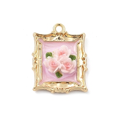 Pink Подвески из эмали и сплава, прямоугольник с цветочной подвеской, cmолой, розовые, 25.5x19x5.5 мм, отверстие : 2 мм