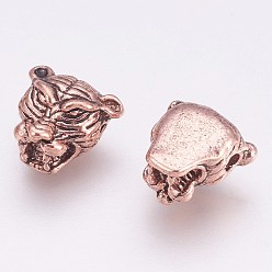 Античный Розовый Золотой Сплавочные овальные бусины тибетского стиля , голова тигра, античный розового золота, 12x12.5x8 мм, отверстие : 2 мм