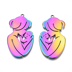 Rainbow Color Ионное покрытие (ip) 201 подвески из нержавеющей стали, мать и ребенок, Радуга цветов, 46x25x1 мм, отверстие : 1.8 мм