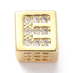 Letter E Настоящие 18 позолоченные латунные бусины из прозрачного кубического циркония с микропаве, долговечный, куб с письмом, letter.e, 5.5x5.5x5.5 мм, отверстие : 3 мм