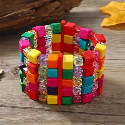 Разноцветный Деревянные эластичные браслеты в стиле богемы и этнического стиля для женщин, окрашенные, красочный, внутренний диаметр: 2-1/8~2-1/2 дюйм (5.3~6.2 см)