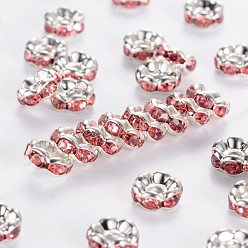 Pink Brass Rhinestone Spacer Beads, Grade A, Pink Rhinestone, Silver Color Plated, Nickel Free, Size: about 6mm in diameter, 3mm thick, hole: 1mm