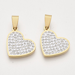 Золотой 201 подвески из нержавеющей стали, со случайным размером оснастки на поручителях и стразами из полимерной глины и хрусталя, сердце, золотые, 18.5x21.5x2.5 мм, отверстие : 7~10x3~5 мм