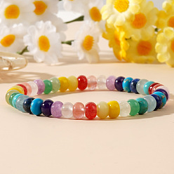 Coloré Bracelets extensibles bohèmes arc-en-ciel en perles rondelles de pierres précieuses mélangées pour femmes, colorées, 6.89 pouce (17.5 cm)