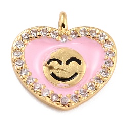Pink Golden Plated Brass Micro Pave Clear Cubic Zirconia Charms, with Enamel, Long-Lasting Plated, Heart with Smile Face, Pink, 11x11.5x2.5mm, Hole: 1.2mm