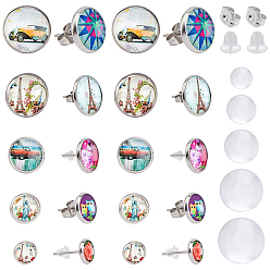 Stainless Steel Color DIY Stud Earring Making Kits, with 304 Stainless Steel Ear Stud Findings, Transparent Glass Cabochons, 304 Stainless Steel & Plastic Ear Nuts, Stainless Steel Color, Ear Stud Findings: Tray: 6mm/8mm/10mm/12mm/14mm, Pin: 0.8mm, 80pcs/set