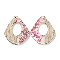 Светло-Вишневый Деревянные подвески, смола и золотая фольга, слеза, светло-вишневый, 32.5x27.5x4 мм, отверстие : 2 мм