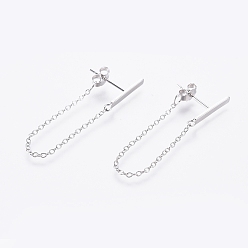 Platinum Rhodium Plated 925 Sterling Silver Stud Earrings, with S925 Stamp, with Cable Chains, Rectangle, Platinum, 71x2mm, Pin: 0.6mm