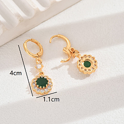Зеленый Винтажные латунные серьги-кольца с цветком из кубического циркония, золотые, зелёные, 40x11 мм