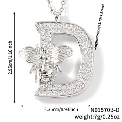 Letter D Ожерелья с подвесками из латуни с прозрачным кубическим цирконием и микропаве, платина, Буква D, 15.75 дюйм (40 см), Кулон : 29.5x23.5 мм