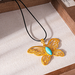 Золотой Длинные ожерелья из сплава с синтетической бирюзой в виде полой бабочки, черный вощеный шнур, для женщин, золотые, 41.93 дюйм (106.5 см)