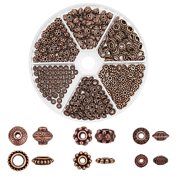 Красная Медь 300 шт 6 стиль бусины-распорки сплава тибетского стиля, биконус, пончик и рондель, разнообразные, Красная медь, 5~8x3~6.5 мм, отверстие : 1~4 мм, 50 шт / стиль