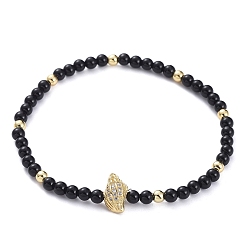 Black Agate Stretch Bracelets, with Natural Black Agate(Dyed & Heated) Beads, Brass Round Beads, Brass Micro Pave Grade AAA Cubic Zirconia Beads and Elastic Crystal Thread, Conch Shell Shape, with Cardboard Box, 2-3/8 inch(6cm)