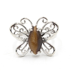 Тигровый глаз Регулируемые кольца для женщин с натуральным тигровым глазом «конский глаз», металлические кольца на палец в виде бабочки платинового тона, Бабочка: 20x24 mm