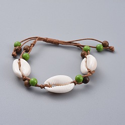 Зеленый Регулируемый вощеный браслет из бисера, с синтетическими бирюзовыми (крашеными) бусинами, раковина каури и деревянные бусы, зелёные, 1-1/8 дюйм ~ 3-3/8 дюйм (3~8.6 см)
