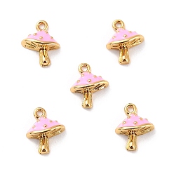 Pink Латунь эмаль подвески, долговечный, без кадмия и без свинца, золотые, гриб, розовые, 9.5x7.5x3.5 мм, отверстие : 1 мм