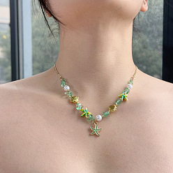 Морская звезда Женские ожерелья с подвесками из эмалевого сплава, смолы и искусственного жемчуга, золотые, морская звезда, 15.75 дюйм (40 см)