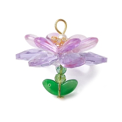 Фиолетовый Подвески из стекла и акрила, очарование лотоса, с золотой железной петлей, фиолетовые, 31x35 мм, отверстие : 5x3.5 мм