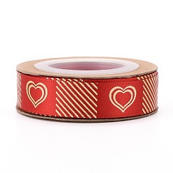 Rouge Rubans de polyester, marquage à chaud doré simple face, pour l'emballage de cadeaux, décoration de fête, motif de coeur, rouge, 5/8 pouces (17 mm), 10yards / roll (9.14m / roll)