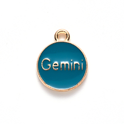 Gemini Alloy Enamel Pendants, Cadmium Free & Lead Free, Flat Round with Constellation, Light Gold, Dark Cyan, Gemini, 22x18x2mm, Hole: 1.5mm