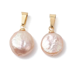 Золотой Натуральные кеши жемчужные подвески, плоские круглые подвески с 304 защелкивающимися креплениями из нержавеющей стали, розовые, золотые, 14~16x10.5~11.5x4.5~5.5 мм, отверстие : 6x3 мм