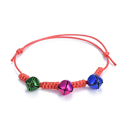 Red Adjustable Korean Waxed Polyester Cord Braided Bracelets, with Iron Bell Charms, Red, 2-1/8 inch~3-3/8 inch(5.5~8.4cm)