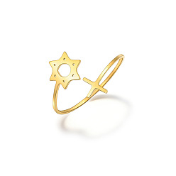 Oro 304 Anillos abiertos de acero inoxidable para parejas, Estrella de David con cruz, dorado, tamaño de EE. UU. 4 1/4 (15~20 mm)