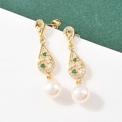 Настоящее золото 18K Серьги-гвоздики из латуни с микропаве и кубическим цирконием в форме каплевидной формы, с акриловой имитация жемчуга, долговечный, стойки покрытие, без кадмия и без свинца, реальный 18 k позолоченный, 36x8 мм