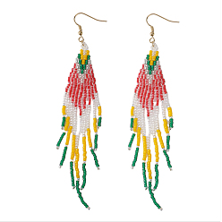 Красный Серьги-кисточки из стеклянного бисера ручной работы, золотые, красные