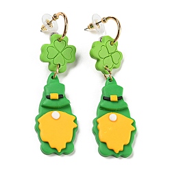 Lime Green Saint Patrick's Day Polymer Clay Clover Dangle Stud Earrings, Golden 304 Stainless Steel Earrings, Lime Green, 75x21mm