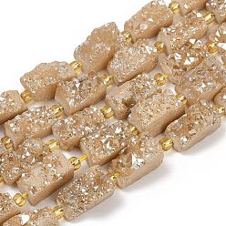 (932FM) Темно-синий аква-матовый с подкладкой Гальванические натуральный druzy шарики агата стренг, прямоугольные, с бисером, темно-золотистые, 15~16.5x7.5~9.5x7.5~12 мм, отверстие : 1 мм, около 10 шт / нитка, 7.36''~7.48'' (18.7~19 см)