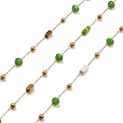 Зеленый Кубовидные цепочки из натуральных смешанных драгоценных камней и стекла, украшенные бисером, с золотыми 304 цепочками из нержавеющей стали для скрепок, пайки, с катушкой, зелёные, 5x2x2 мм, 4x2x2 мм, 3x2.5 мм, около 32.81 футов (10 м) / рулон