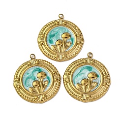 Золотой 304 нержавеющей стальной эмали подвески, плоская круглая с подвеской в виде цветка, ионное покрытие (ip), золотые, 28x25x2.5 мм, отверстие : 1.8 мм