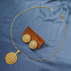 Плоский Круглый Комплект из ожерелья с подвеской из сплава и сережек-гвоздиков для женщин, золотые, плоско-круглые, 405 мм и 35x22 мм