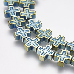 Зеленое Покрытие Сорта aa немагнитные синтетические гематитовые шарики, крестик, зеленый покрытием, 8x8x3 мм, отверстие : 1 мм, около 49 шт / нитка, 15.7 дюйм (40 см)