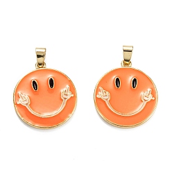 Dark Orange Brass Enamel Pendants, Real 18K Gold Plated, Long-Lasting Plated, Flat Round with Smiling Face, Dark Orange, 27x24.5x2.5mm, Hole: 5x3.5mm