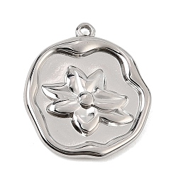 Stainless Steel Color 304 Stainless Steel Pendants, Flat Round with Flower Charms, Stainless Steel Color, 19.5x17x2mm, Hole: 1.2mm