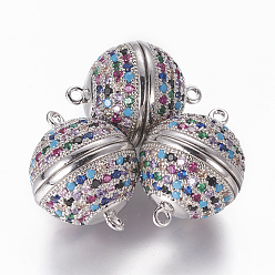 Платина Магнитные застежки из латуни с цирконием и микропаве с петлями, круглые, красочный, платина, 21.5~22x17 мм, отверстие : 1.4 мм