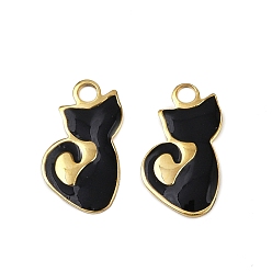 Черный 304 из нержавеющей стали шармы эмали, ионное покрытие (ip), подвески в форме кошки, реальный 18 k позолоченный, чёрные, 14.5x8x1 мм, отверстие : 1.8 мм