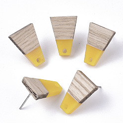 Gold Resin & Cedarwood Stud Earring Findings, with 304 Stainless Steel Pin, Trapezoid, Gold, 18x12.5mm, Hole: 1.8mm, Pin: 0.7mm