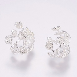 Серебро Латунные причудливые шапочки для бус, цветок, 4-лепесток, серебряный цвет гальваническим, 14x16x18 мм, отверстие : 2.5 мм