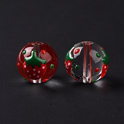 Strawberry Transparent Glass Beads, with Enamel, Round, Red, Strawberry Pattern, 14~15x13~13.5mm, Hole: 1.5~1.6mm