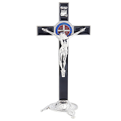 Noir Décorations de crucifix de saint Benoît en alliage émaillé, avec base, pour les décorations de maison d'église, noir, 96x72x210mm