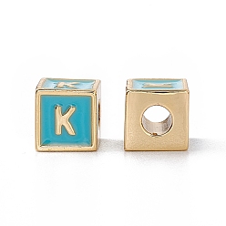 Letter K Стойки покрытие латунь эмаль бисер, без кадмия, без никеля и без свинца, реальный 18 k позолоченный, куб с письмом, голубой, letter.k, 6x6x6 мм, отверстие : 2.5 мм