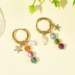 Golden Natural Cultured Freshwater Pearl & Natural Multicolor Tourmaline Dangle Earrings, Star, 202 Stainless Steel Huggie Hoop Earrings for Women, Golden, 39x17mm