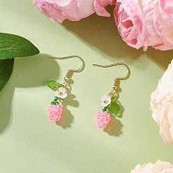 Pink Серьги-подвески в форме яблок из стеклянного бисера ручной работы, с акриловым листом и цветком из смолы и 304 крючками для сережек из нержавеющей стали, золотые, розовые, 40x7.5 мм